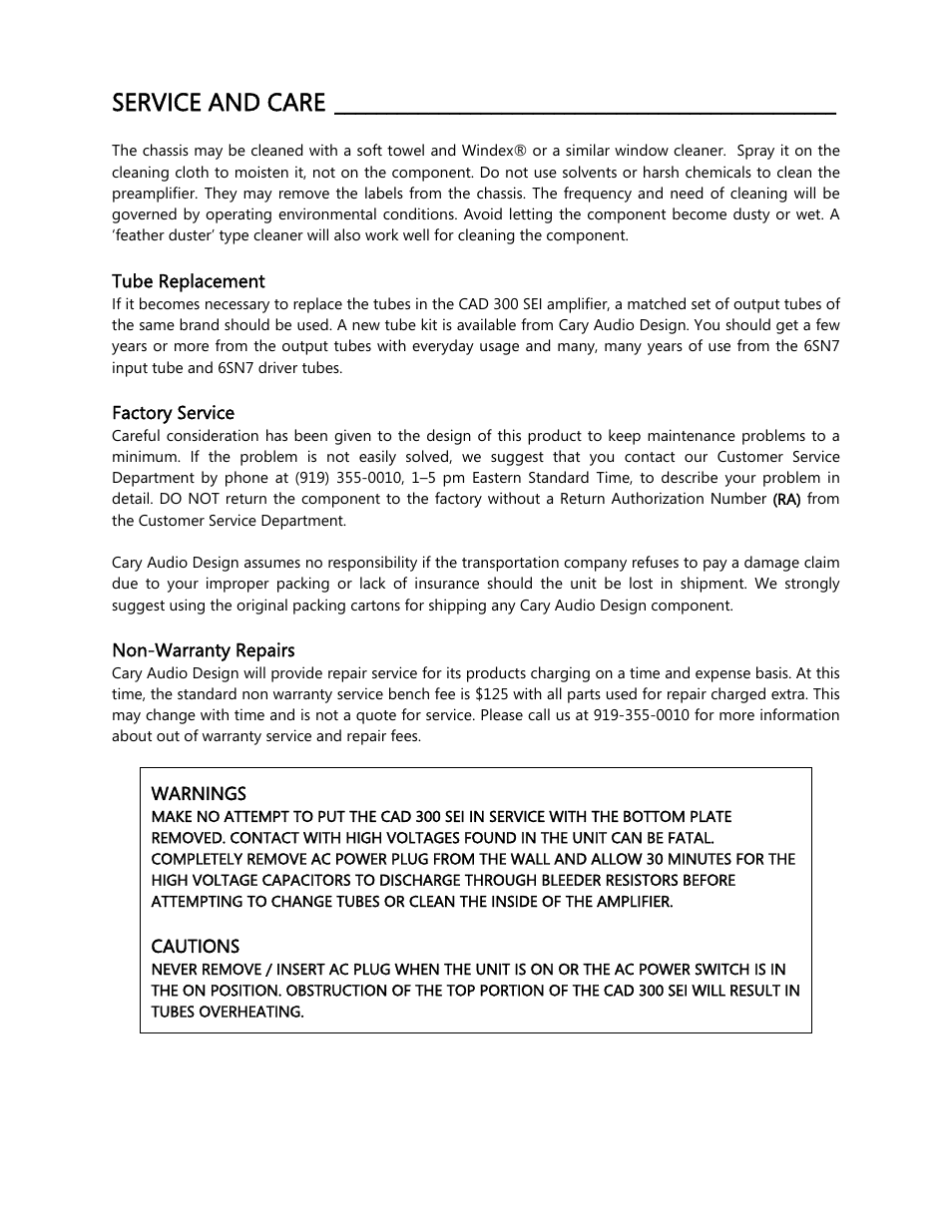 Service and care | Cary Audio Design CAD 300 User Manual | Page 12 / 14