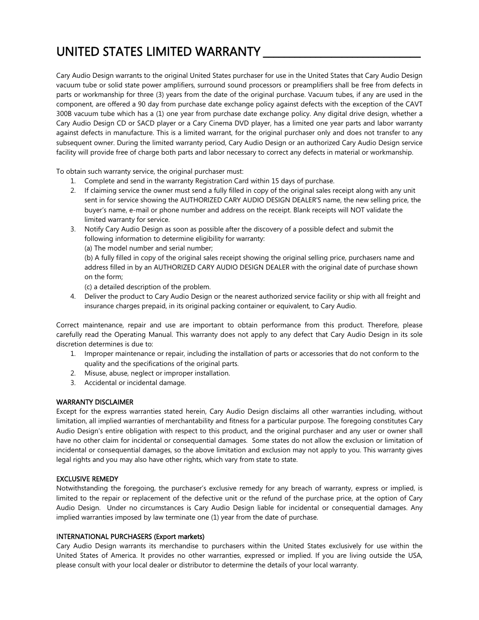 United states limited warranty | Cary Audio Design CAD 300 User Manual | Page 13 / 14