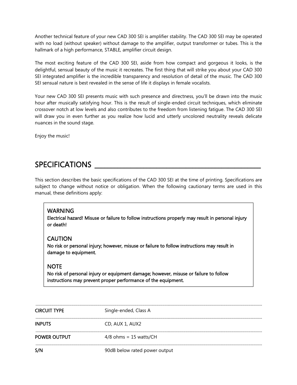 Specifications | Cary Audio Design CAD 300 User Manual | Page 4 / 14