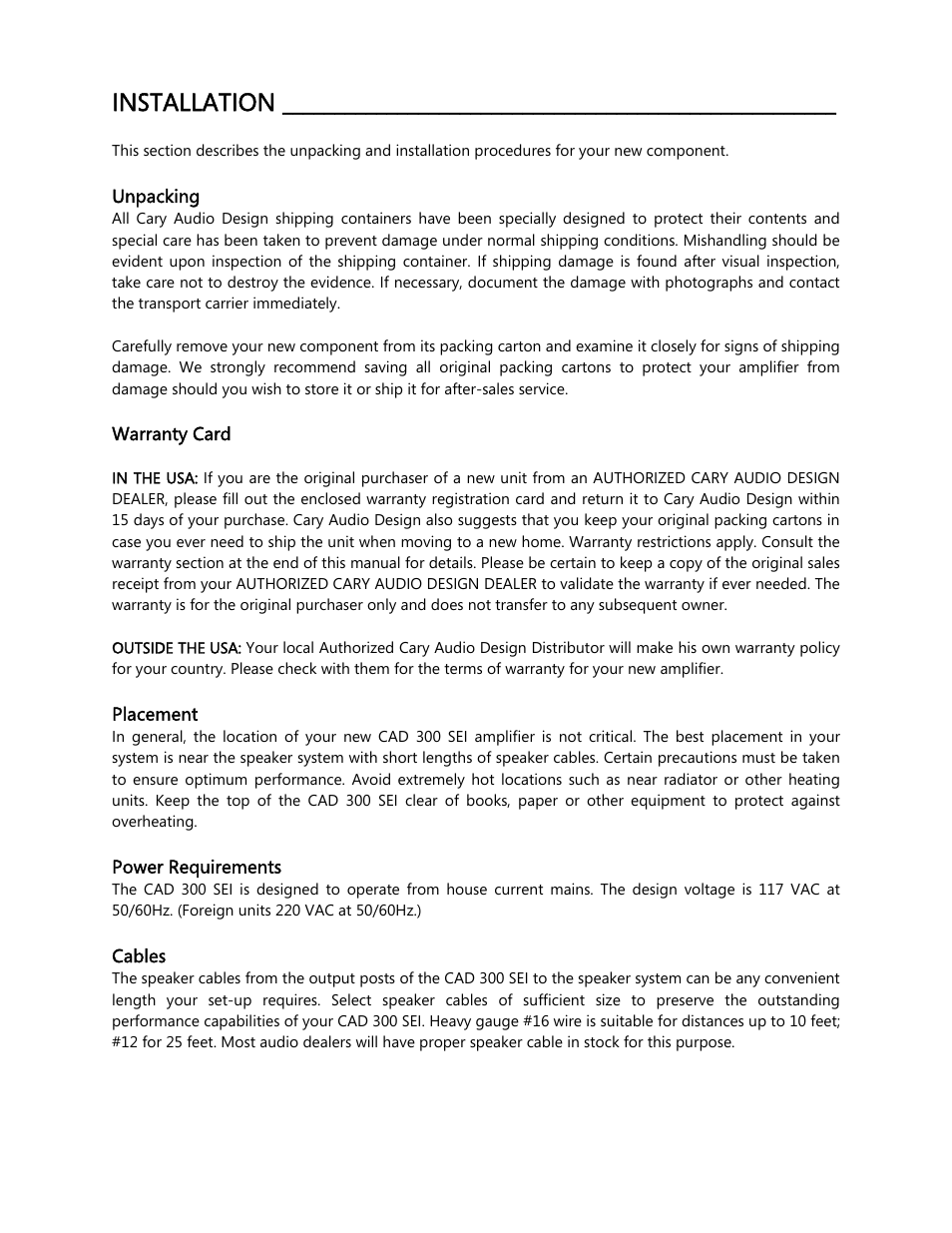 Installation | Cary Audio Design CAD 300 User Manual | Page 7 / 14