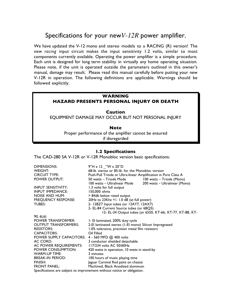 Specifications for your new v-12r power amplifier | Cary Audio Design CAD-280SA User Manual | Page 2 / 8