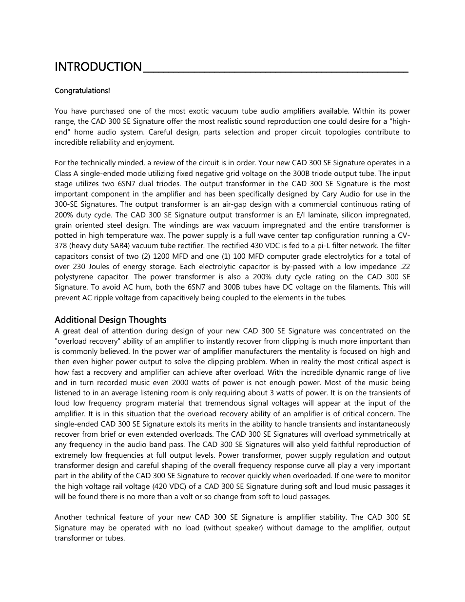Introduction | Cary Audio Design CAD 300 SE User Manual | Page 3 / 11