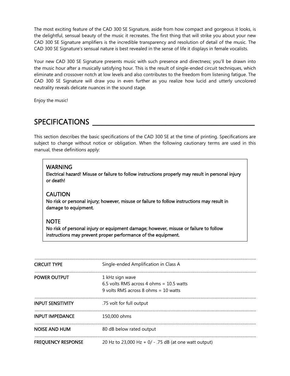 Specifications | Cary Audio Design CAD 300 SE User Manual | Page 4 / 11