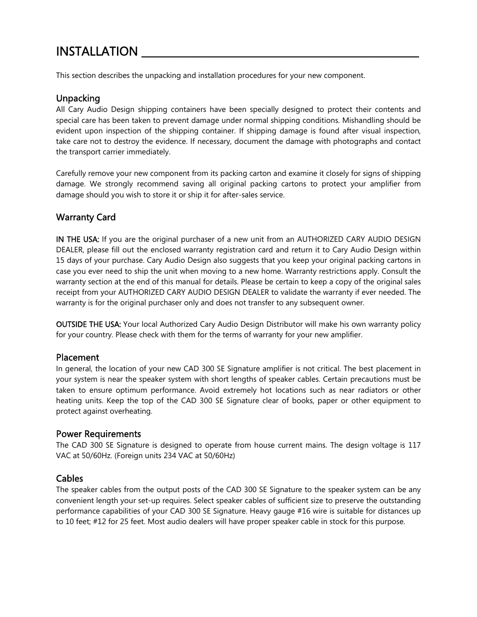 Installation | Cary Audio Design CAD 300 SE User Manual | Page 7 / 11