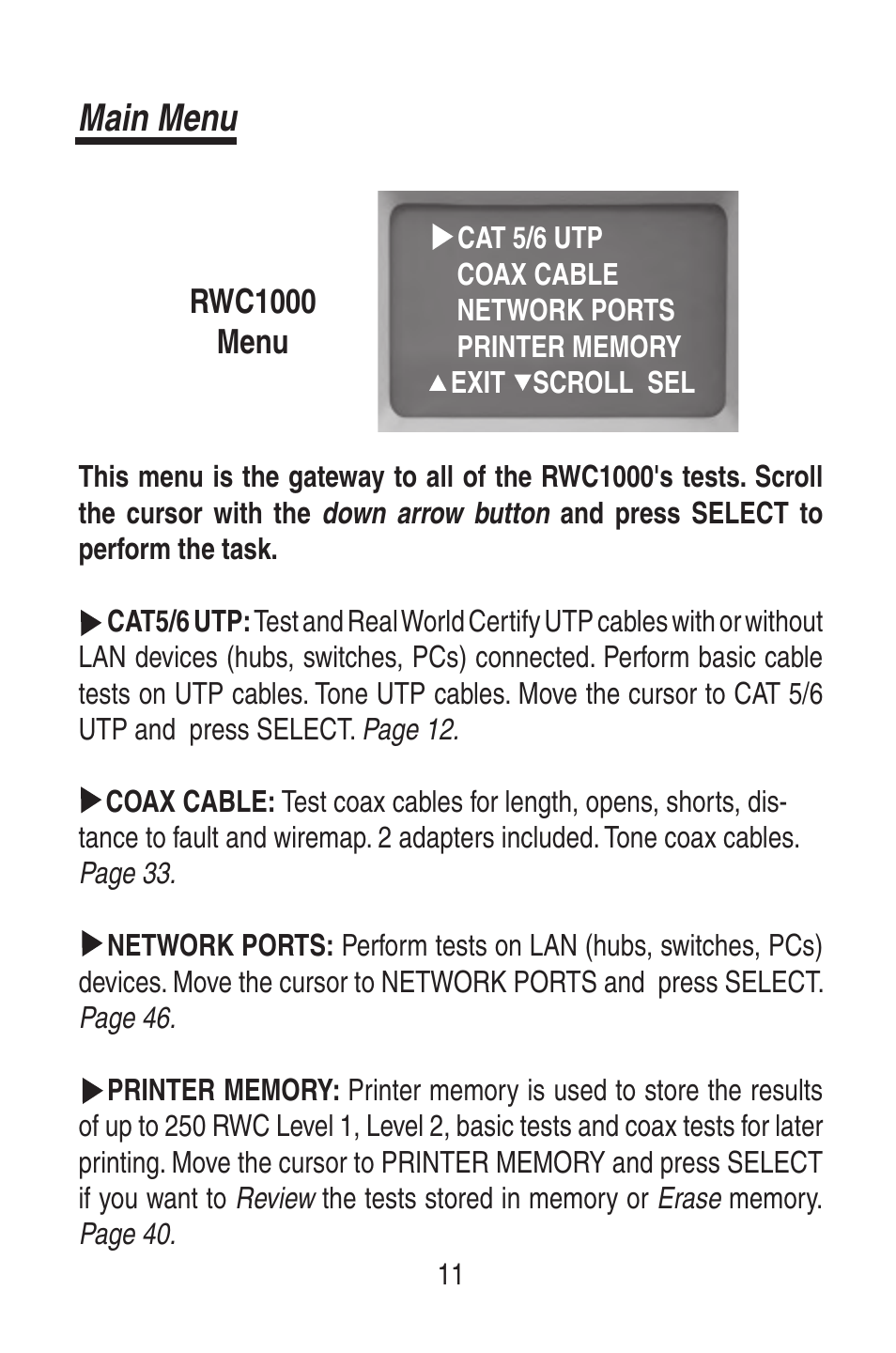 Main menu | Triplett RWC1000K/RWC1000NP User Manual | Page 13 / 67