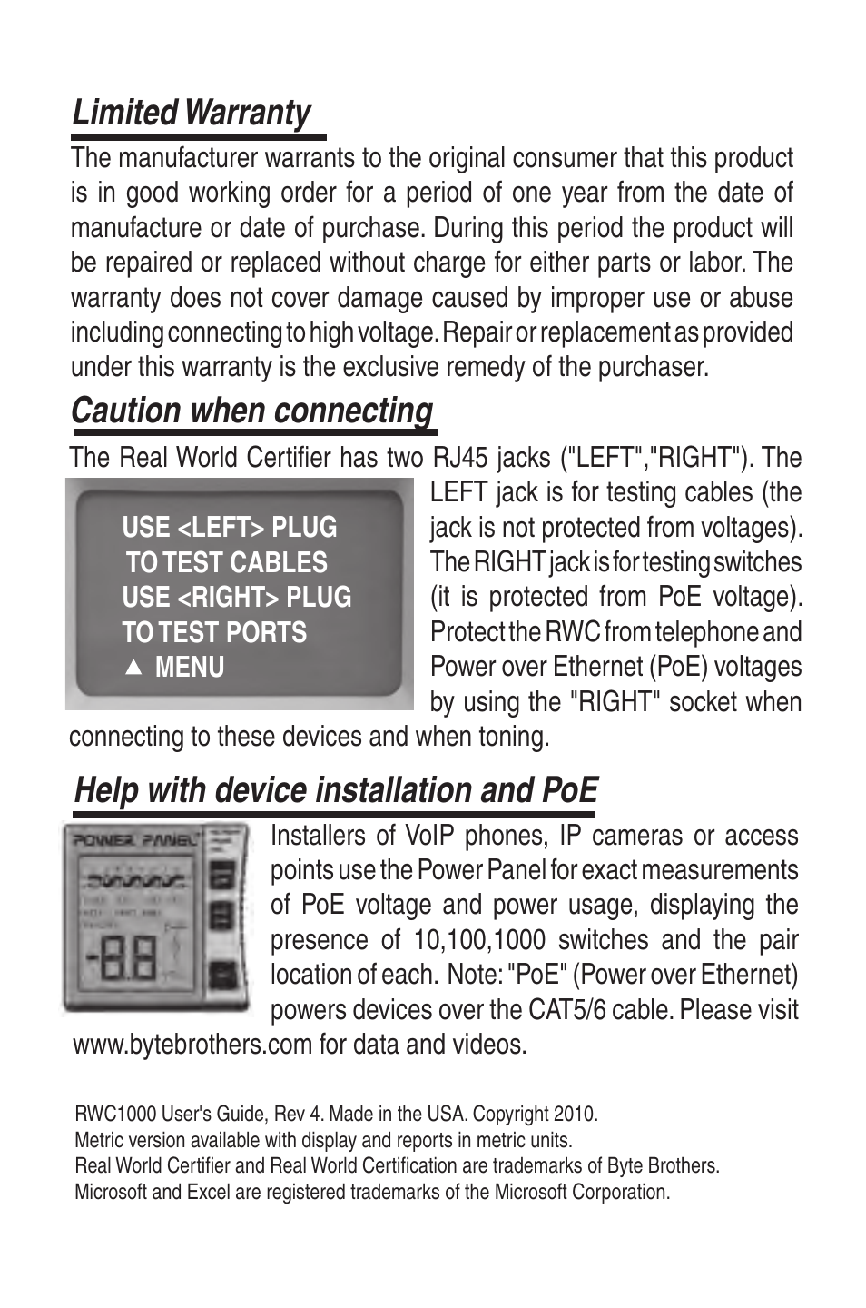 Caution when connecting, Limited warranty, Help with device installation and poe | Triplett RWC1000K/RWC1000NP User Manual | Page 2 / 67