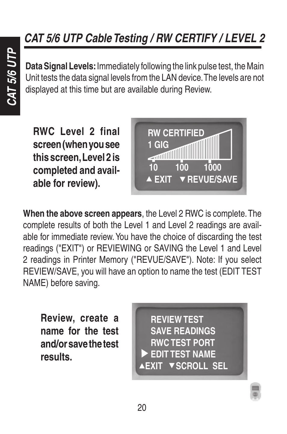 Ca t 5/6 utp, Cat 5/6 utp cable testing / rw certify / level 2 | Triplett RWC1000K/RWC1000NP User Manual | Page 22 / 67