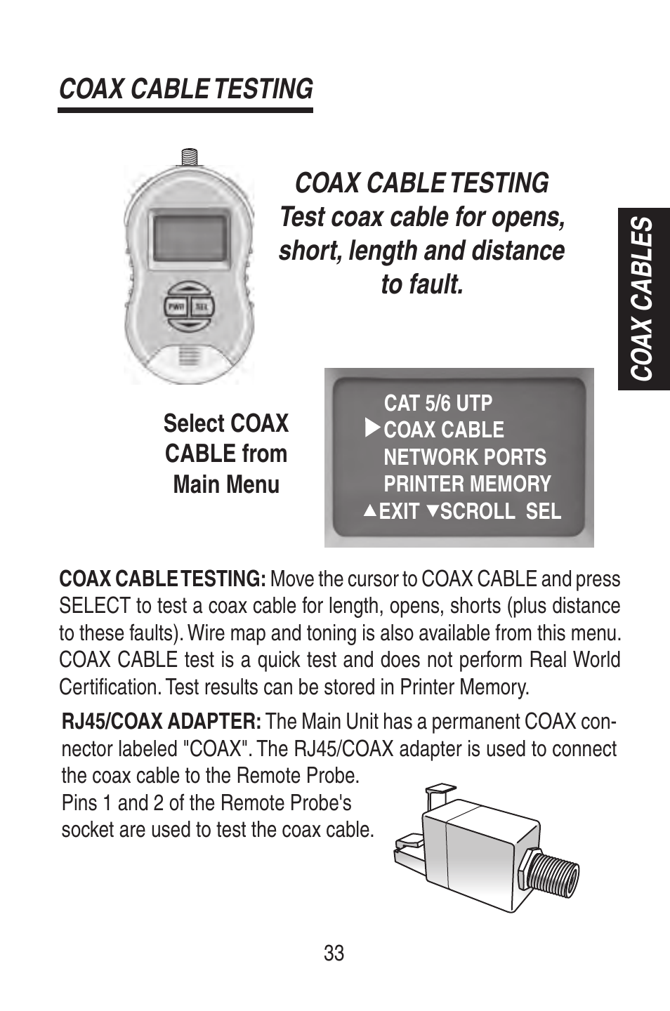 Coax cable testing, Co ax cables | Triplett RWC1000K/RWC1000NP User Manual | Page 35 / 67