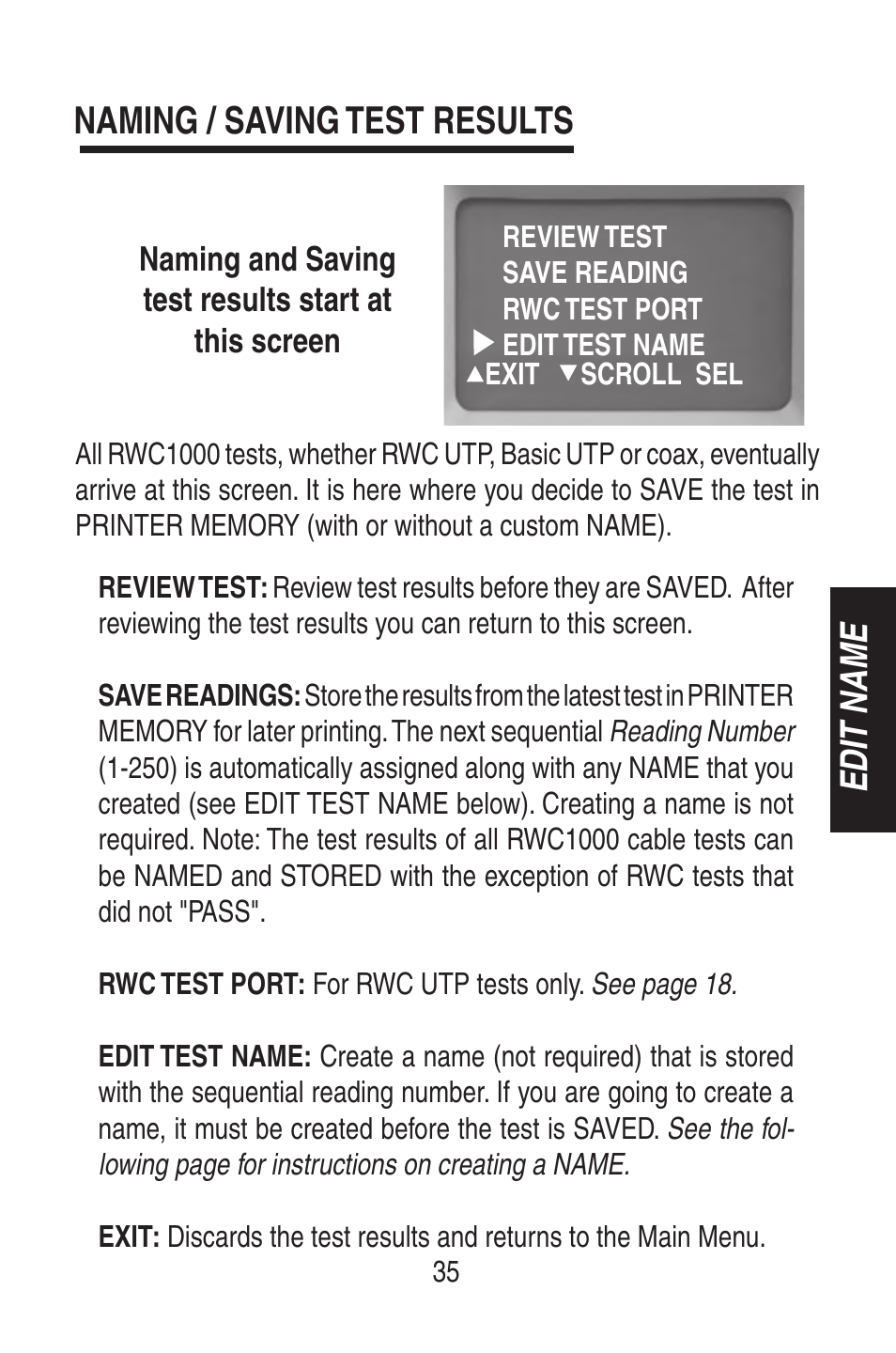 Edit name naming / saving test results | Triplett RWC1000K/RWC1000NP User Manual | Page 37 / 67