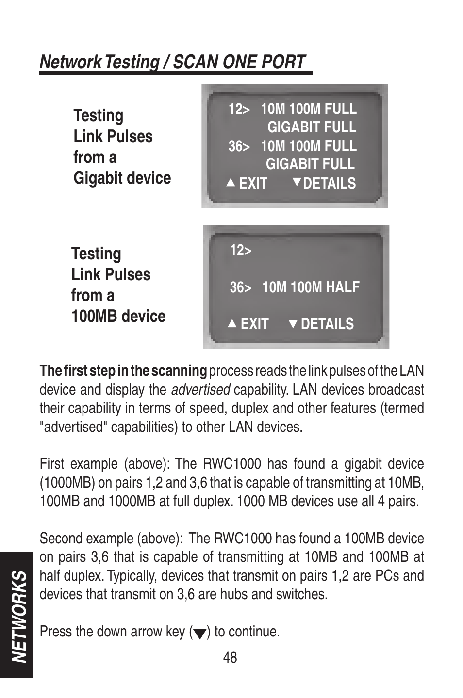 Network testing / scan one port, Netw orks | Triplett RWC1000K/RWC1000NP User Manual | Page 50 / 67