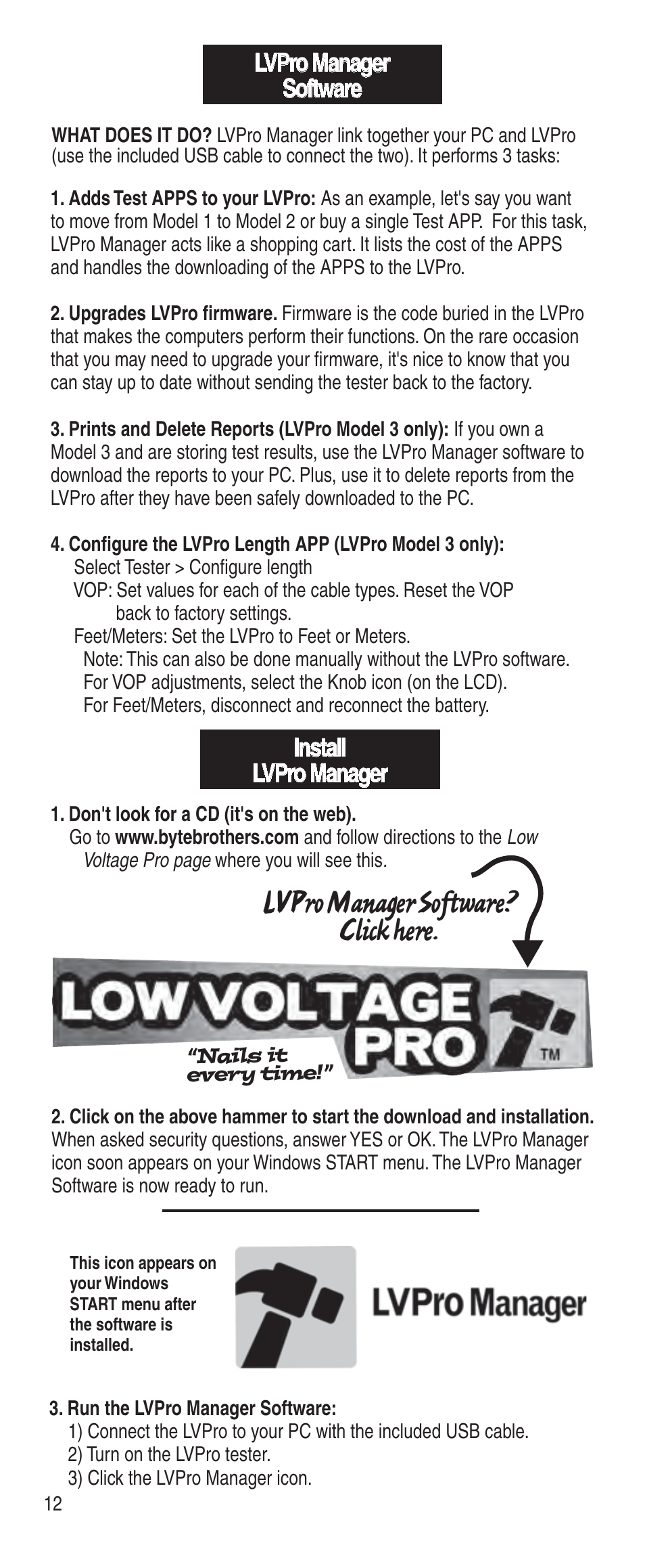 Lvpro manager software? click here, Lvpro manager software, Install lvpro manager | Triplett Low Voltage Pro User Manual | Page 14 / 28