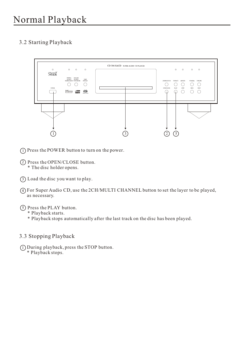 Normal playback, 2 starting playback, 3 stopping playback | Cary Audio Design Audio CD Player User Manual | Page 16 / 22