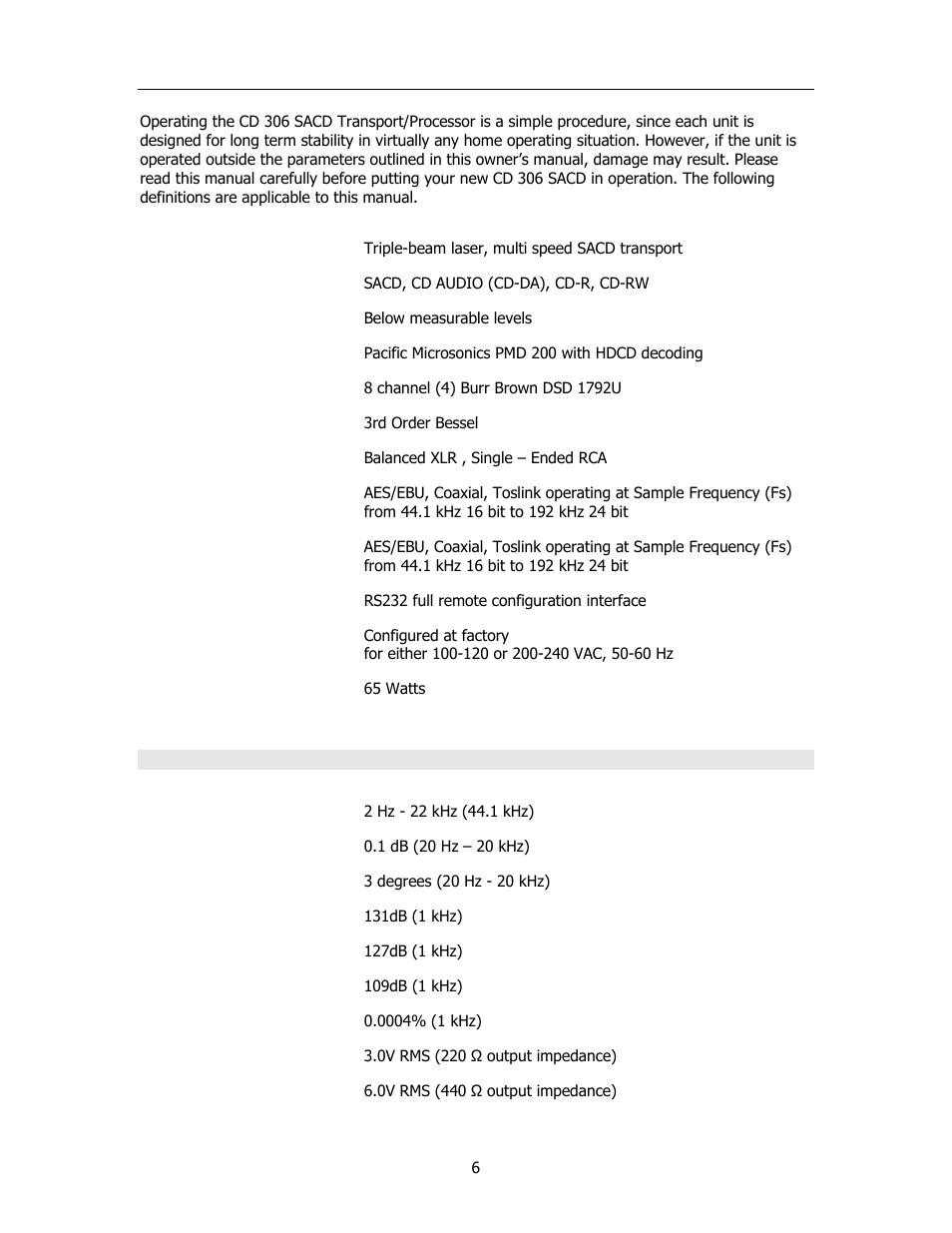 Specifications | Cary Audio Design Audio CD Player User Manual | Page 7 / 22