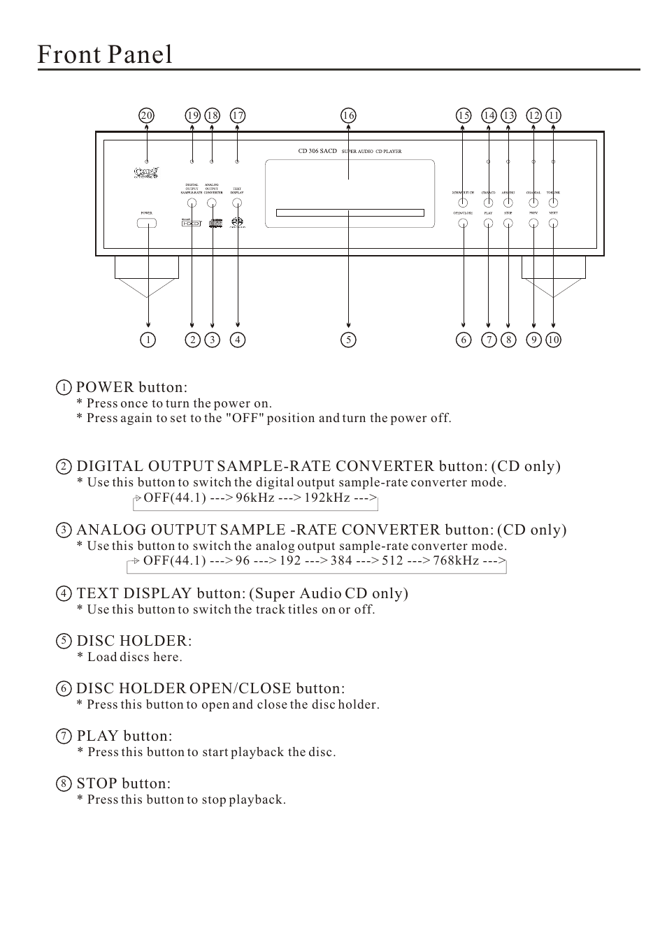 Front panel, Power button, Text display button: (super audio cd only) | Disc holder, Disc holder open/close button, Play button, Stop button | Cary Audio Design Audio CD Player User Manual | Page 9 / 22