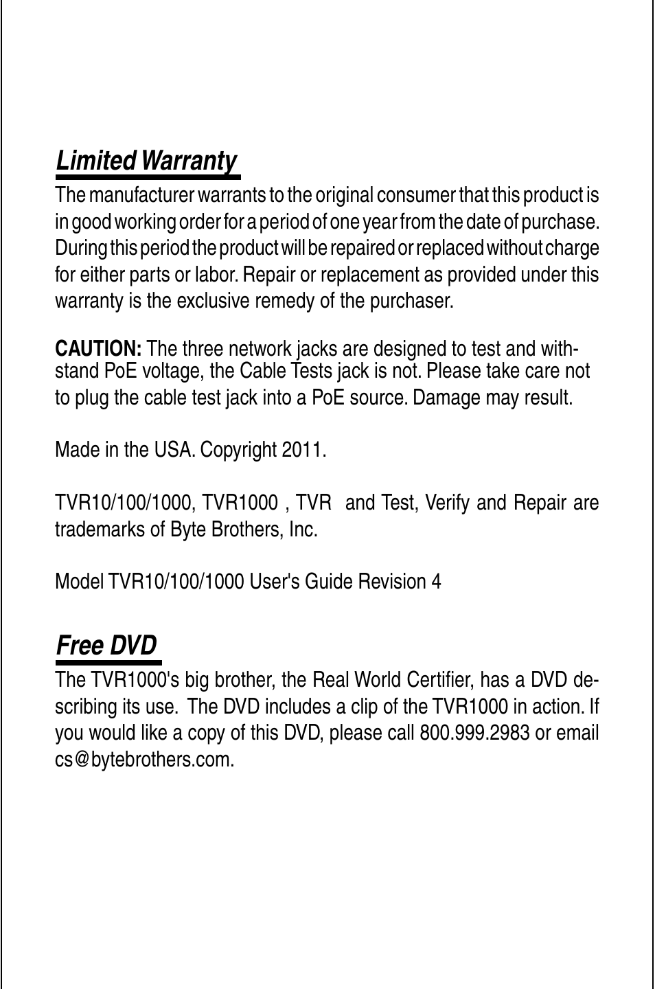 Limited warranty, Free dvd | Triplett TVR10/100/1000 User Manual | Page 2 / 48