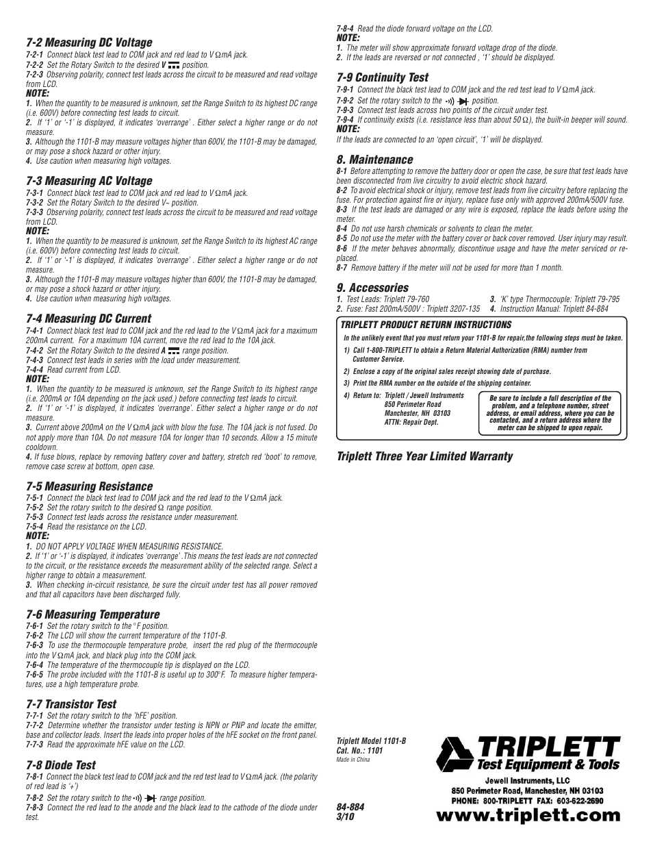 Triplett three year limited warranty, 2 measuring dc voltage, 3 measuring ac voltage | 4 measuring dc current, 5 measuring resistance, 6 measuring temperature, 7 transistor test, 8 diode test, 9 continuity test, Maintenance | Triplett 1101-B User Manual | Page 2 / 2