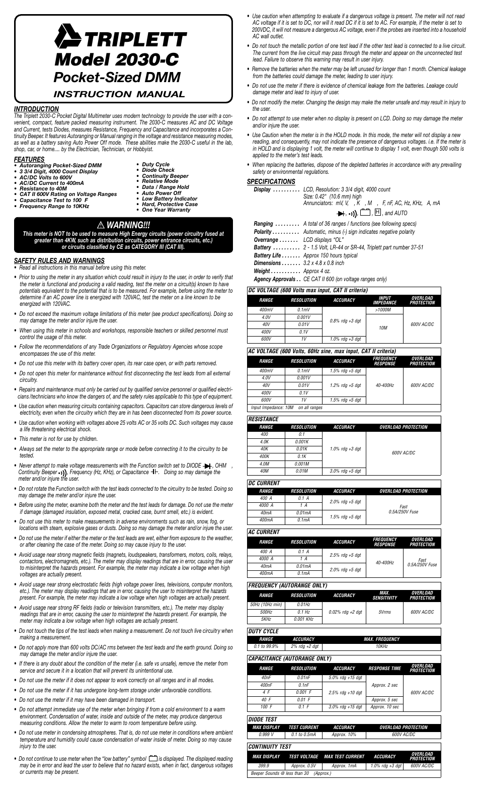 Triplett 2030-C User Manual | 2 pages