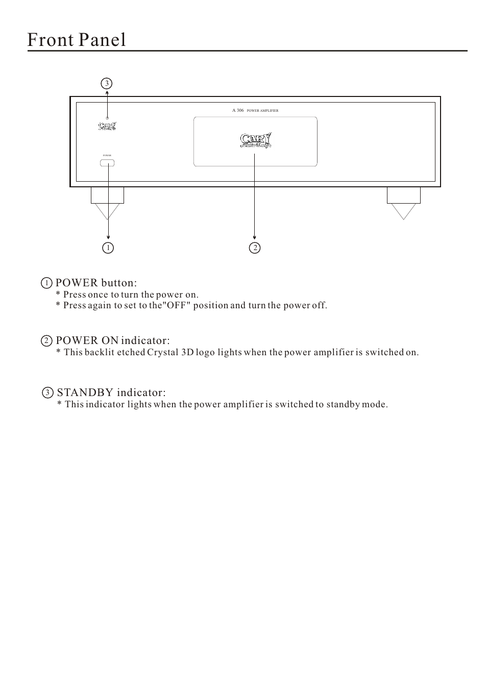 Front panel, Power button, Power on indicator | Standby indicator | Cary Audio Design A 306 User Manual | Page 6 / 14