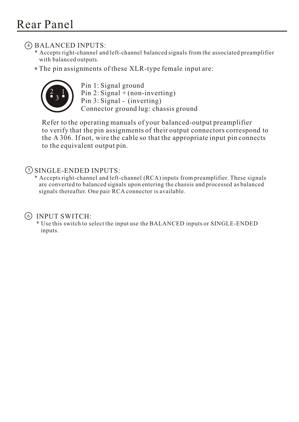 Rear panel | Cary Audio Design A 306 User Manual | Page 8 / 14