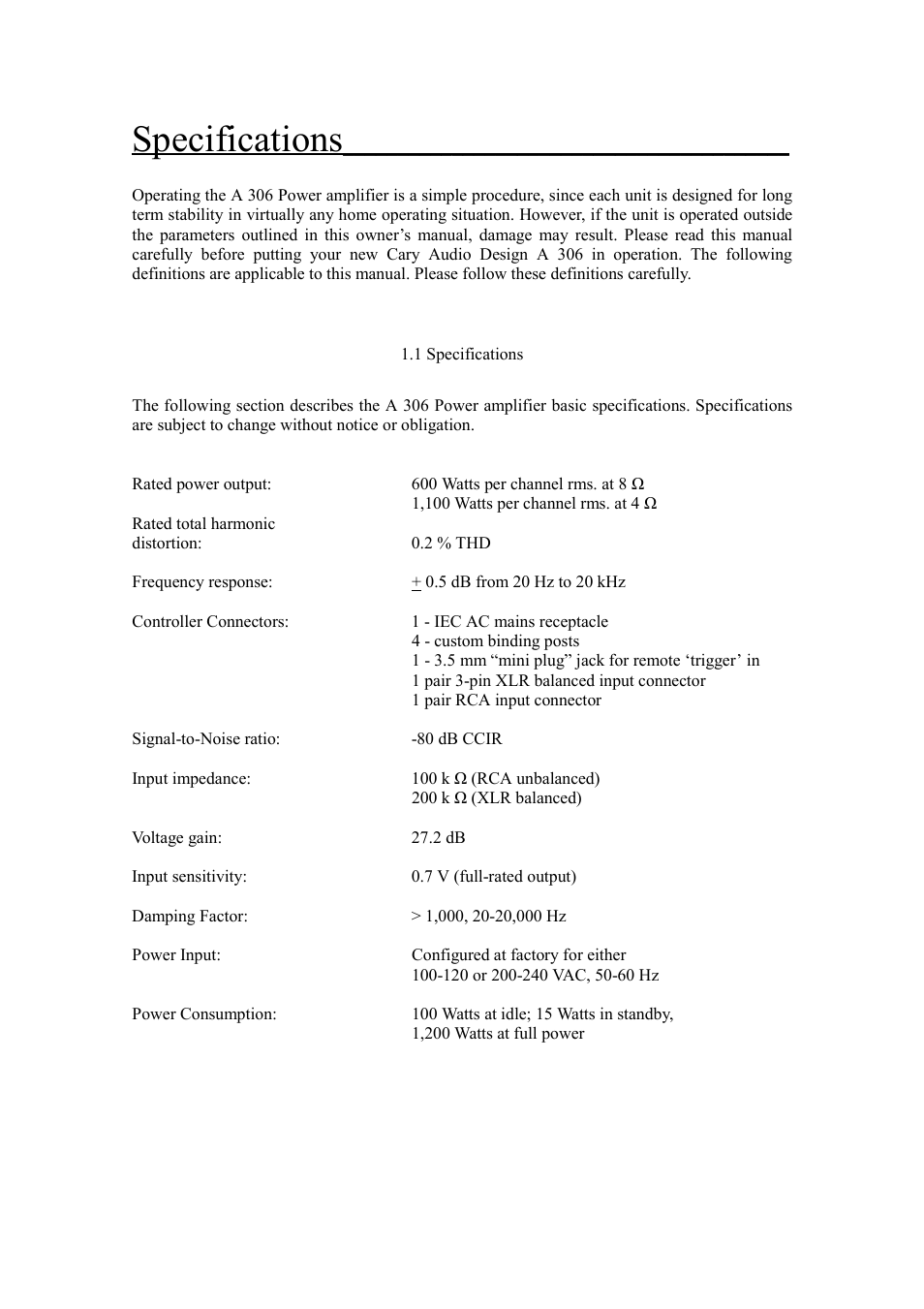 Specifications | Cary Audio Design A 306 User Manual | Page 9 / 14
