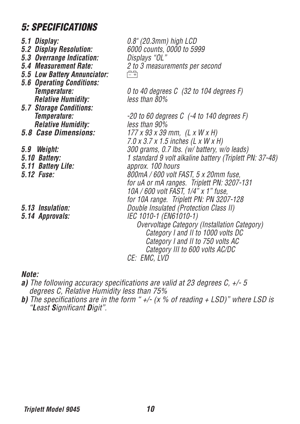 Specifications | Triplett 9045 User Manual | Page 10 / 36