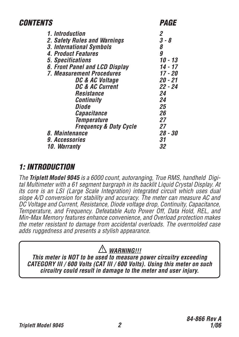 Contents page, Introduction | Triplett 9045 User Manual | Page 2 / 36