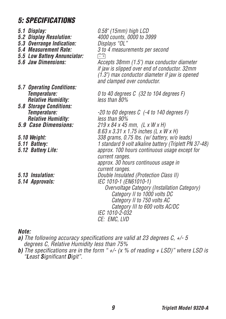 Specifications | Triplett 9320-A User Manual | Page 10 / 37