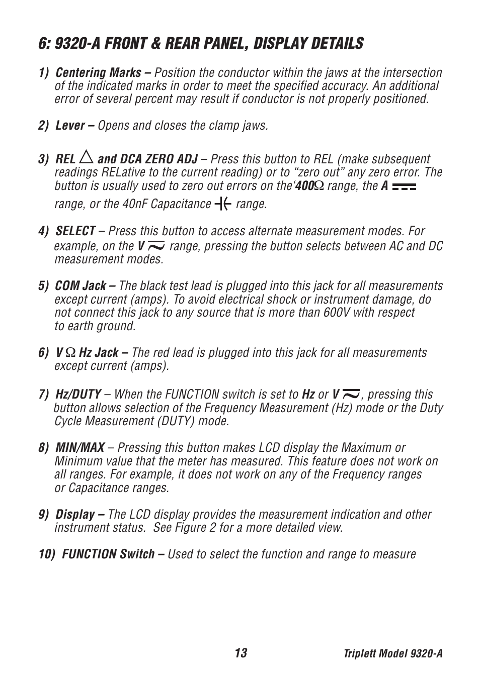 9320-a front & rear panel, display details | Triplett 9320-A User Manual | Page 14 / 37