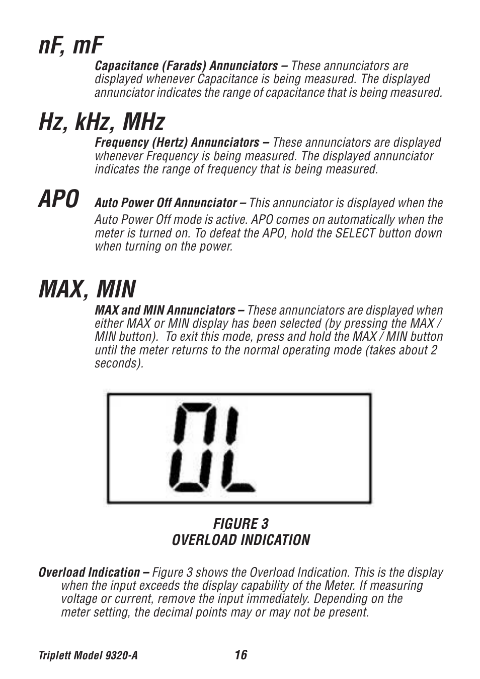 Nf, mf, Hz, khz, mhz, Max, min | Triplett 9320-A User Manual | Page 17 / 37