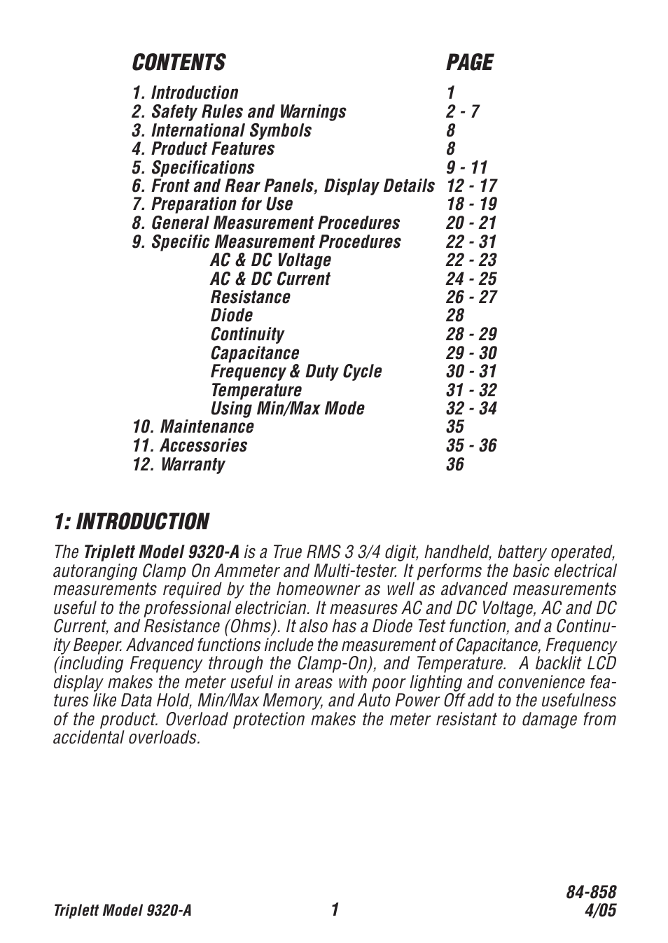 Contents page, Introduction | Triplett 9320-A User Manual | Page 2 / 37