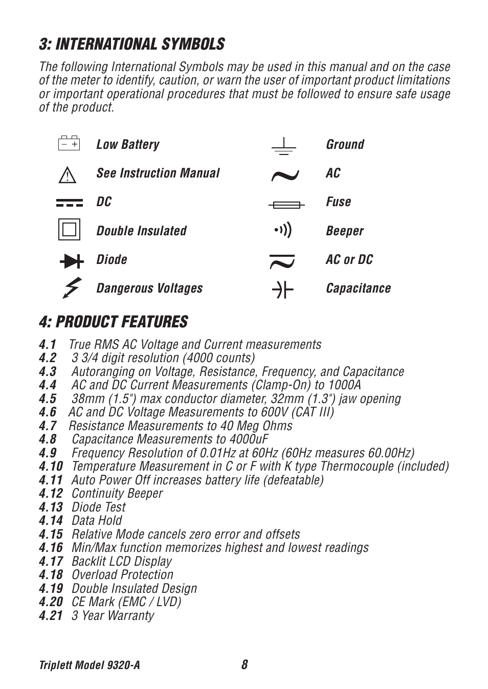 International symbols, Product features | Triplett 9320-A User Manual | Page 9 / 37