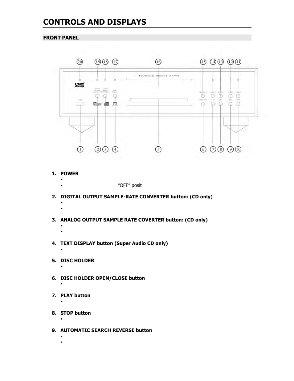 Controls and displays | Cary Audio Design CARY AUDIO CD 306 SACD User Manual | Page 10 / 26