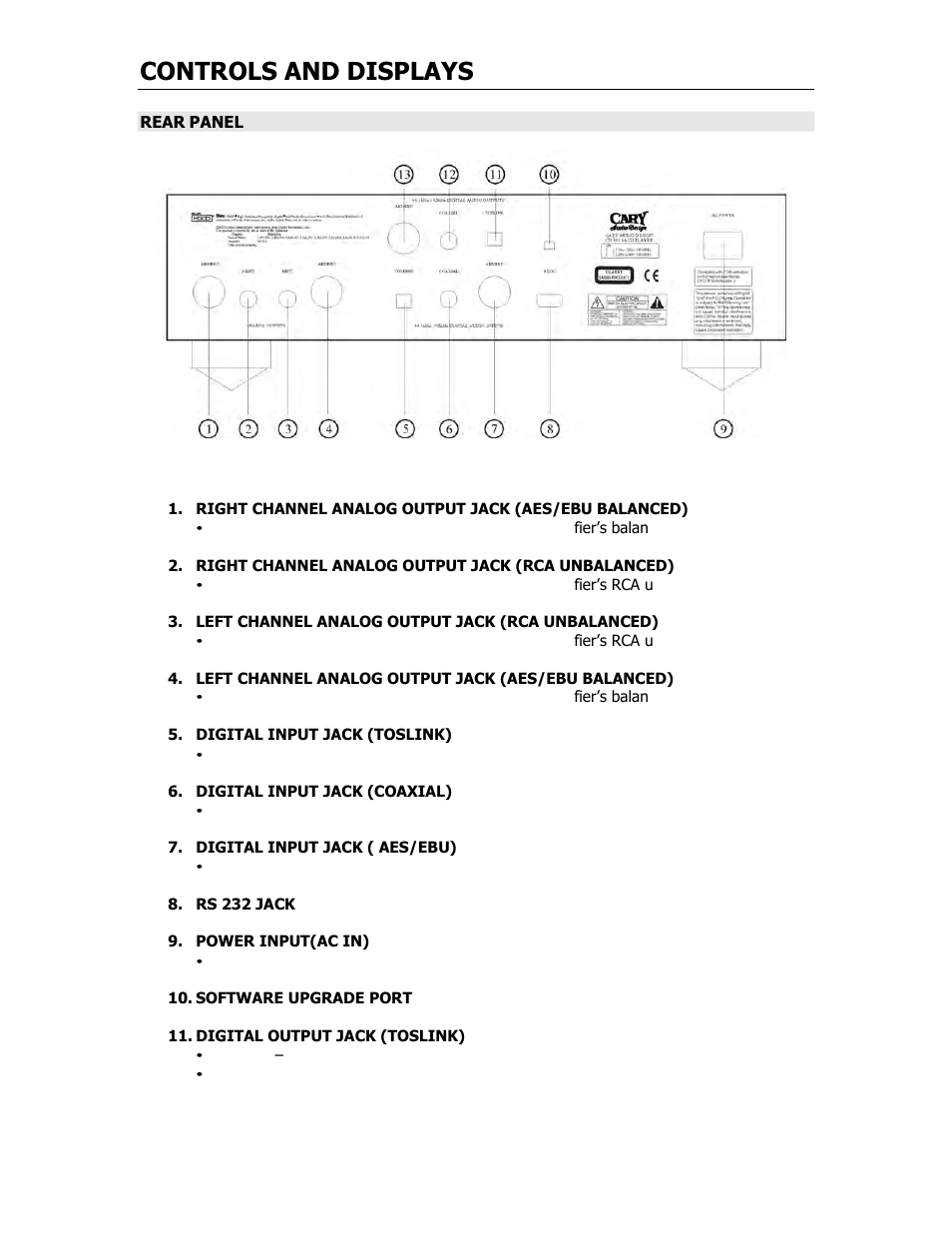 Controls and displays | Cary Audio Design CARY AUDIO CD 306 SACD User Manual | Page 12 / 26