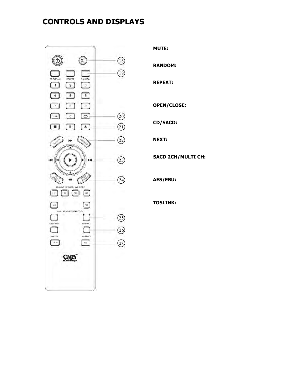 Controls and displays | Cary Audio Design CARY AUDIO CD 306 SACD User Manual | Page 15 / 26