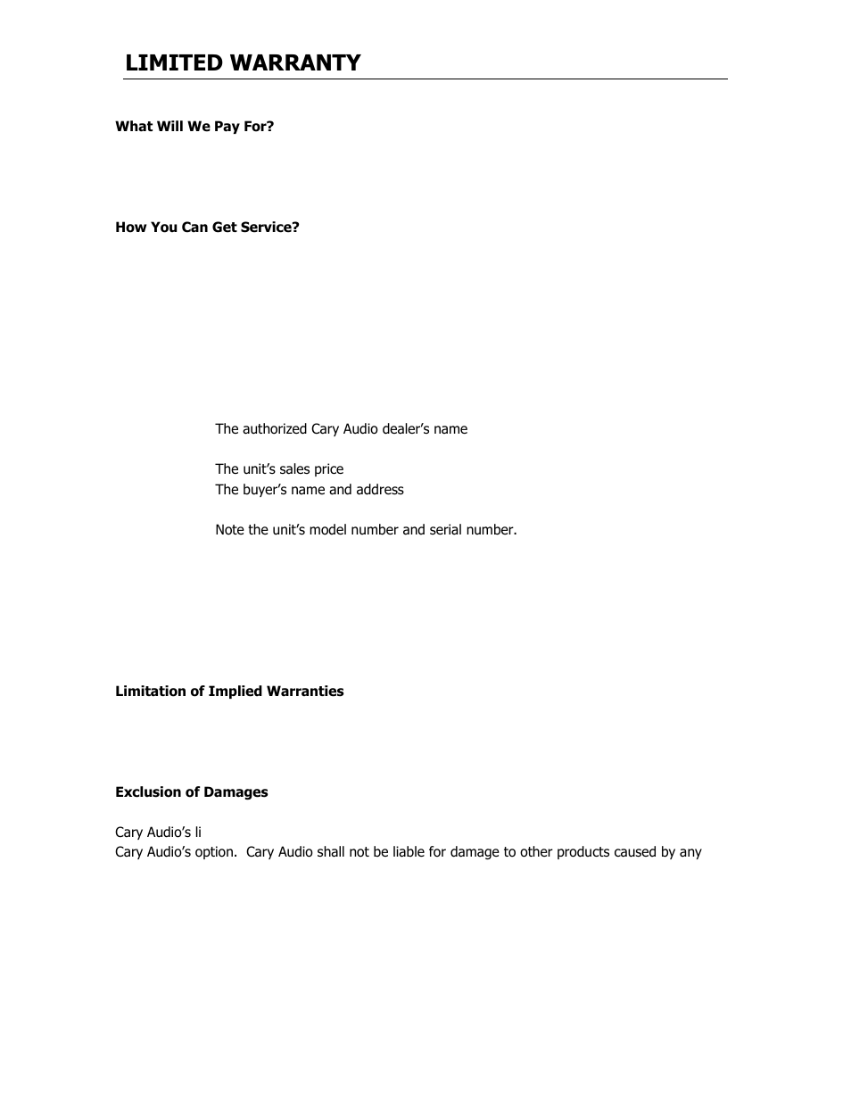 Limited warranty | Cary Audio Design CARY AUDIO CD 306 SACD User Manual | Page 24 / 26