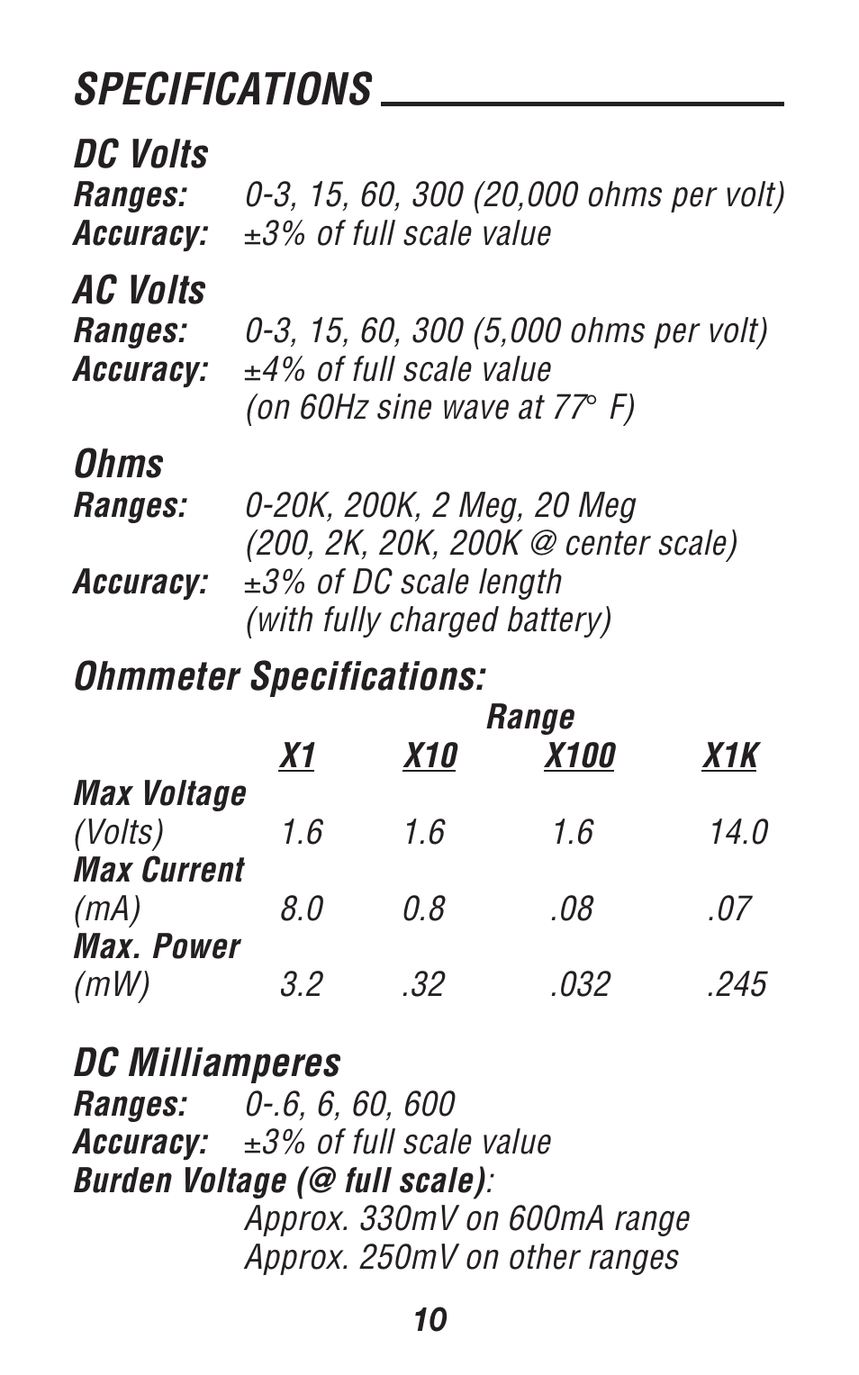 Specifications | Triplett 310-TEL User Manual | Page 10 / 32