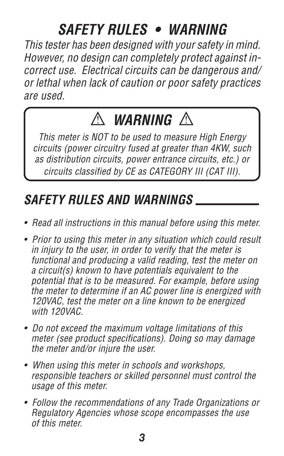 Safety rules • warning, Warning, Safety rules and warnings | Triplett 310-TEL User Manual | Page 3 / 32