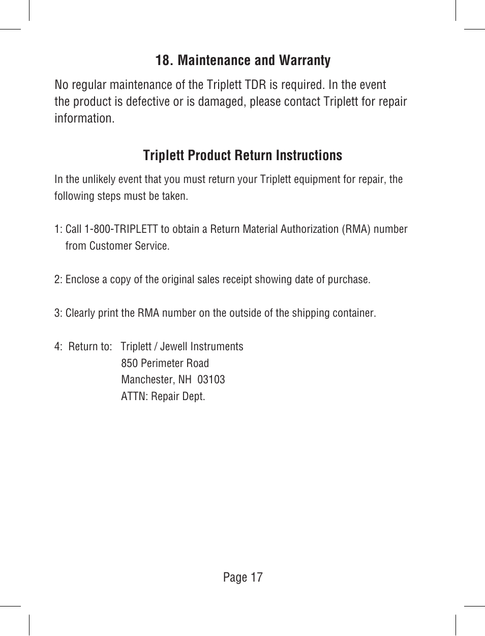 Maintenance and warranty, Triplett product return instructions | Triplett TDR User Manual | Page 18 / 21