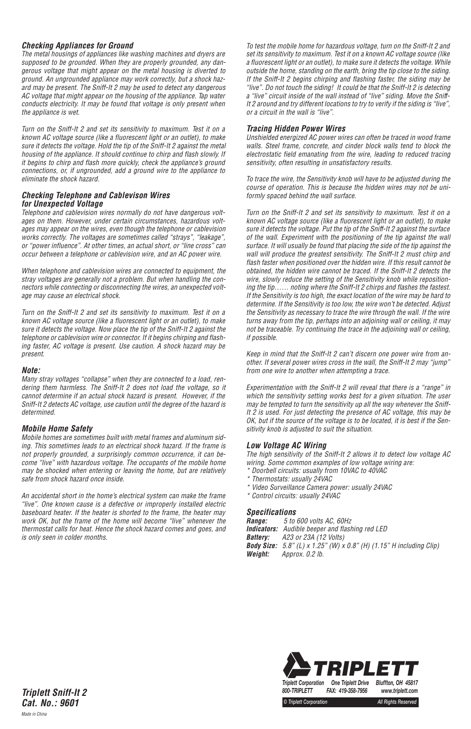 Triplett | Triplett Sniff-It 2 – PN: 9601 User Manual | Page 3 / 3