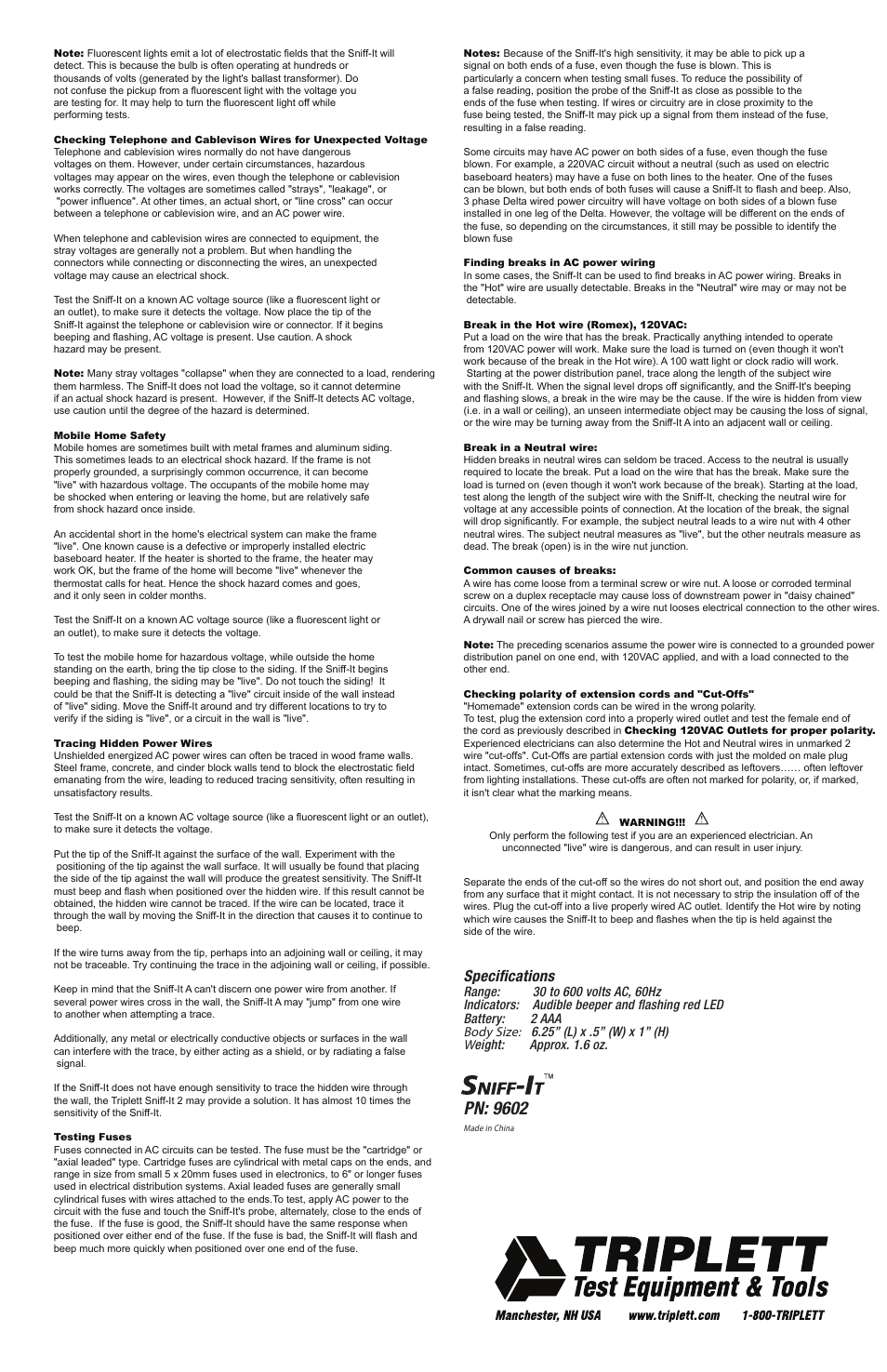 Sniff-it manual back, Pn: 9602, Specifications | Triplett Sniff-It – PN: 9602 User Manual | Page 2 / 2