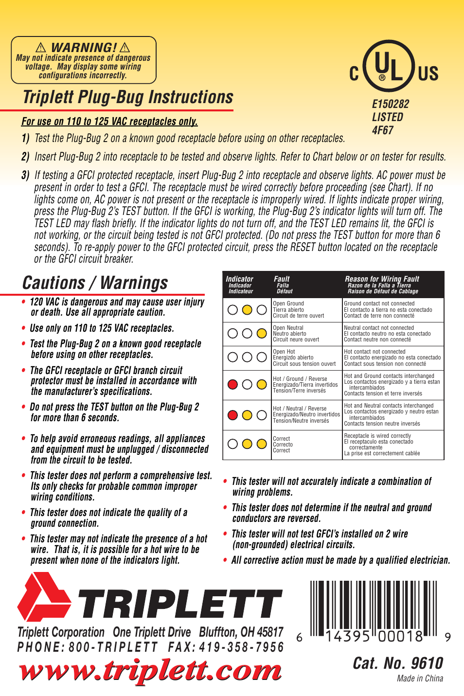 6<?>d@:eeefmx, Triplett plug-bug instructions, Cautions / warnings | Cat. no. 9610, Warning, Made in china | Triplett Plug-Bug 2 – PN: 9610 User Manual | Page 3 / 3