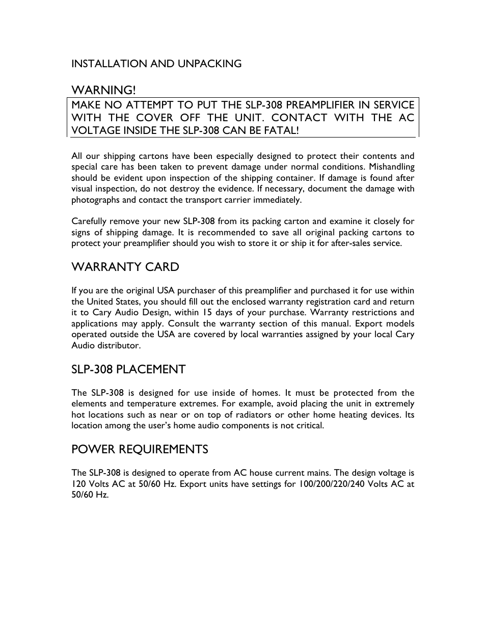 Warning, Warranty card, Slp-308 placement | Power requirements | Cary Audio Design SLP-308 User Manual | Page 5 / 8