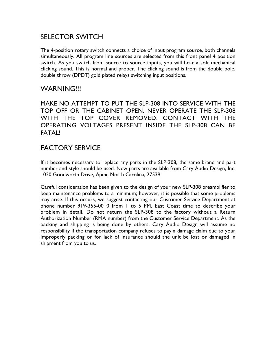 Selector switch, Warning, Factory service | Cary Audio Design SLP-308 User Manual | Page 7 / 8