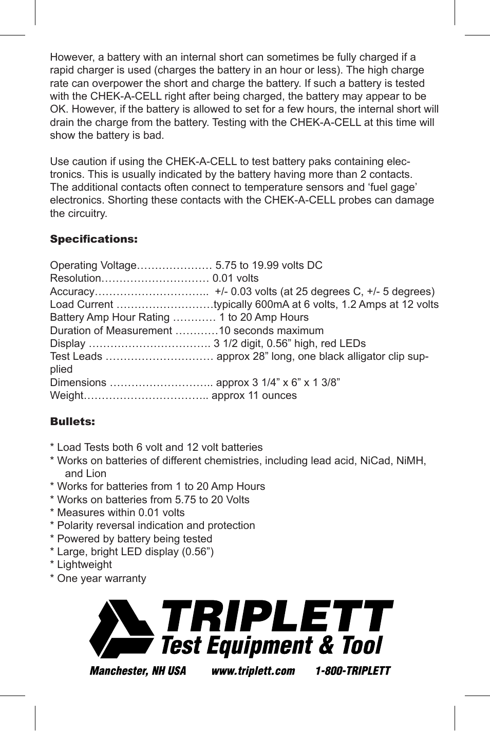 Triplett Chek-A-Cell – PN: 3276 User Manual | Page 4 / 4