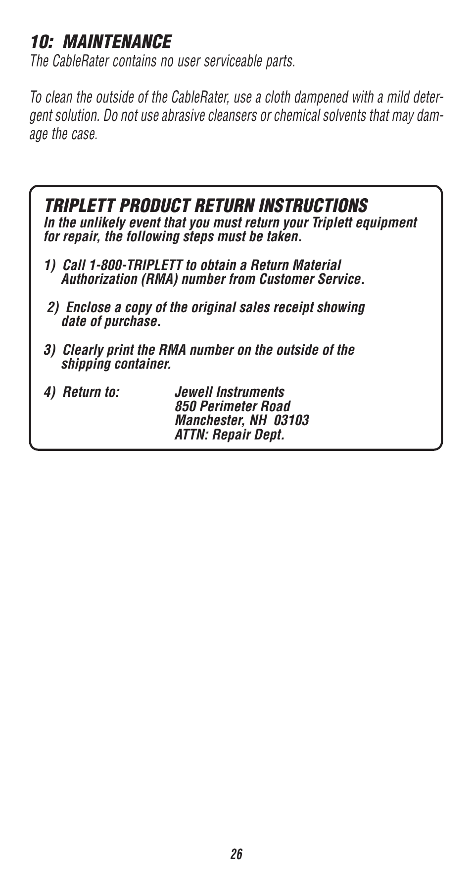 Maintenance, Triplett product return instructions | Triplett CableRater- PN: 3279 User Manual | Page 26 / 28