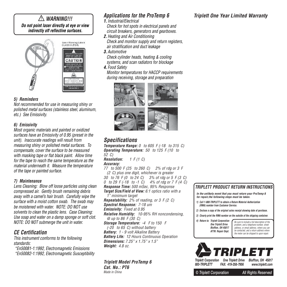 Warning, Ce certification, Applications for the protemp 6 | Specifications, Triplett one year limited warranty | Triplett ProTemp 6 – PN: PT6 User Manual | Page 2 / 2