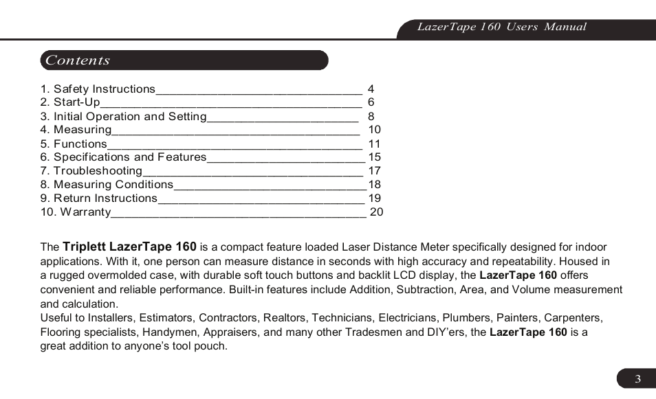 Triplett LazerTape 160 – PN: TLT-160 User Manual | Page 3 / 21