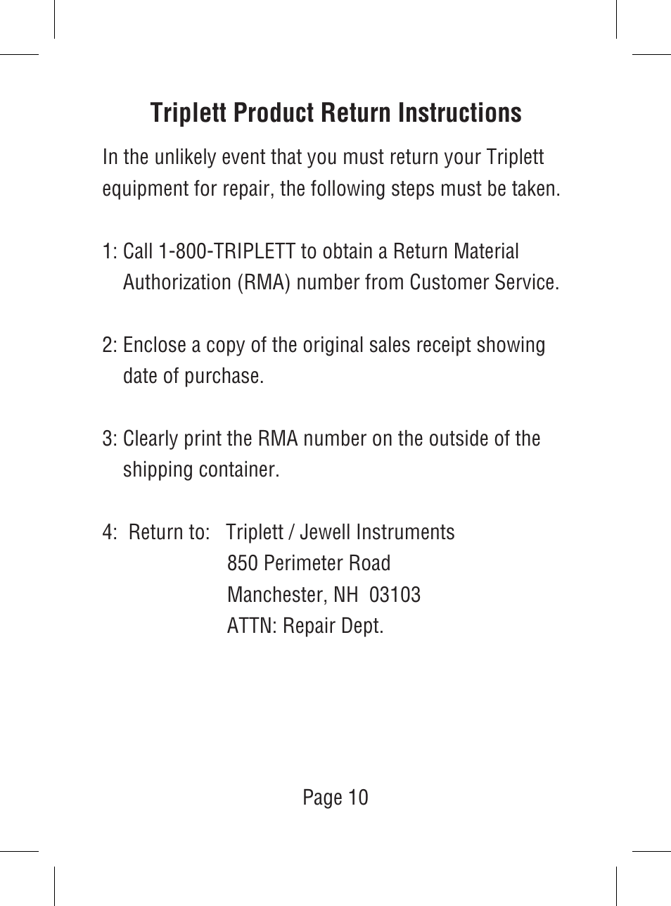 Triplett product return instructions | Triplett SoniChek – PN: TSC-MC1 User Manual | Page 11 / 15