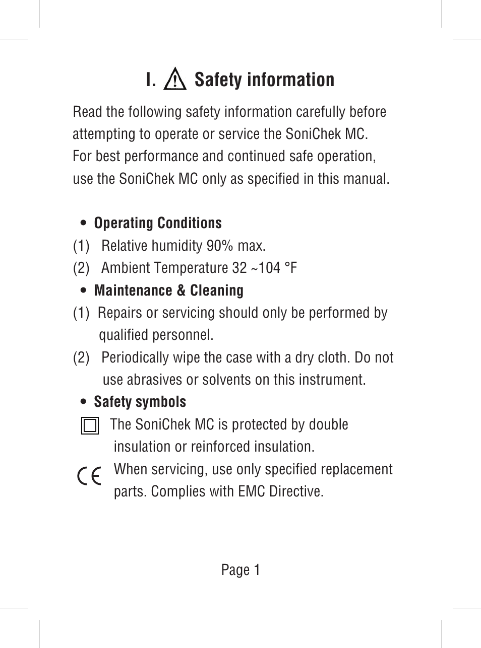 I. safety information | Triplett SoniChek – PN: TSC-MC1 User Manual | Page 2 / 15