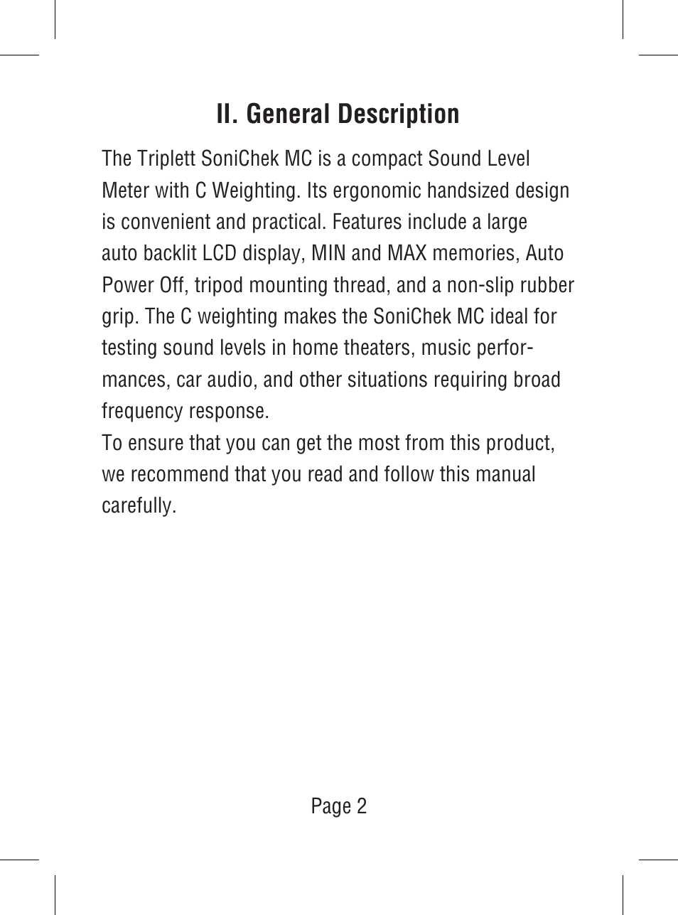 Ii. general description | Triplett SoniChek – PN: TSC-MC1 User Manual | Page 3 / 15